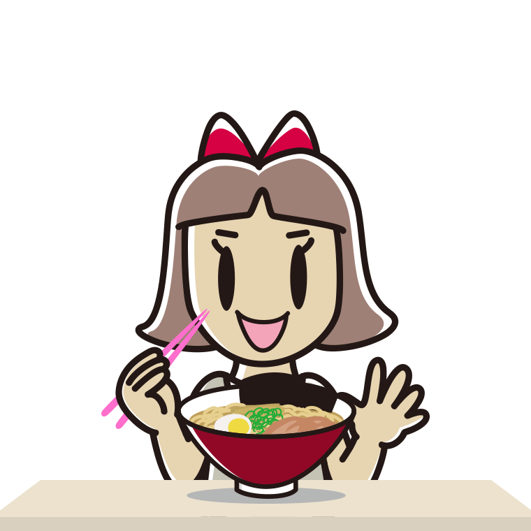 ラーメンを食べる小学生女子のイラスト【色あり、背景なし】透過PNG