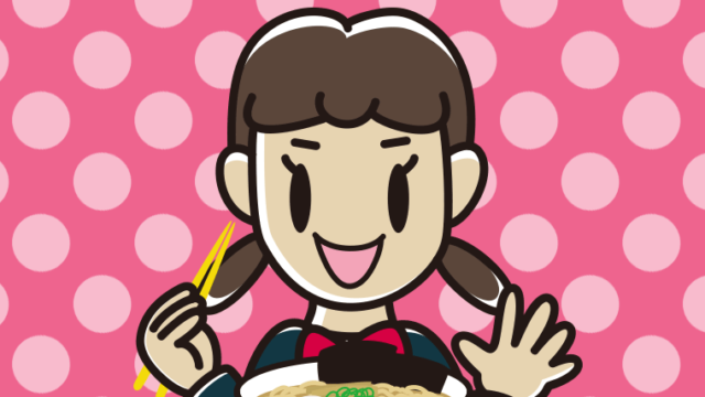 ラーメンを食べる女子中学生のイラスト【色、背景あり】PNG