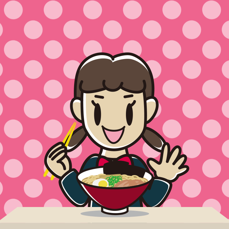 ラーメンを食べる女子中学生のイラスト【色、背景あり】PNG