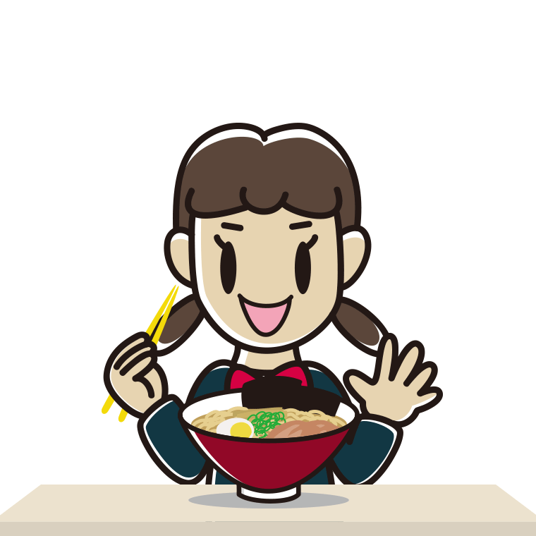 ラーメンを食べる女子中学生のイラスト【色あり、背景なし】透過PNG