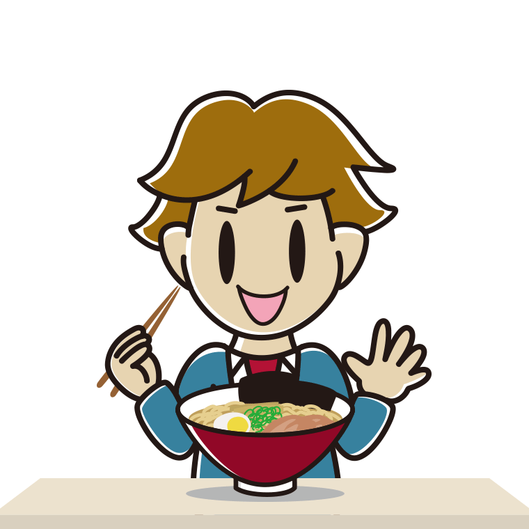 ラーメンを食べる男子高校生のイラスト【色あり、背景なし】透過PNG