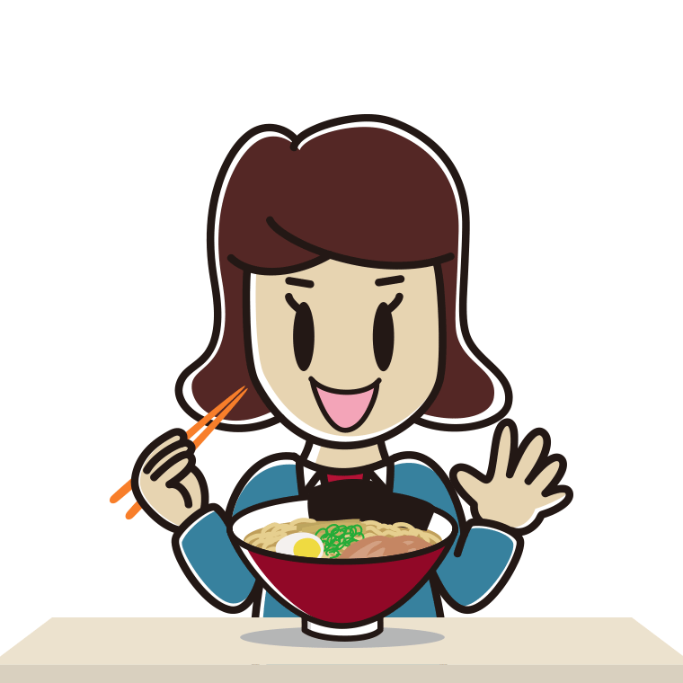ラーメンを食べる女子高校生のイラスト【色あり、背景なし】透過PNG