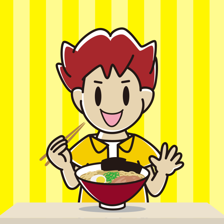 ラーメンを食べる男子大学生のイラスト【色、背景あり】PNG