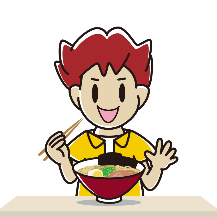 ラーメンを食べる男子大学生のイラスト【色あり、背景なし】透過PNG