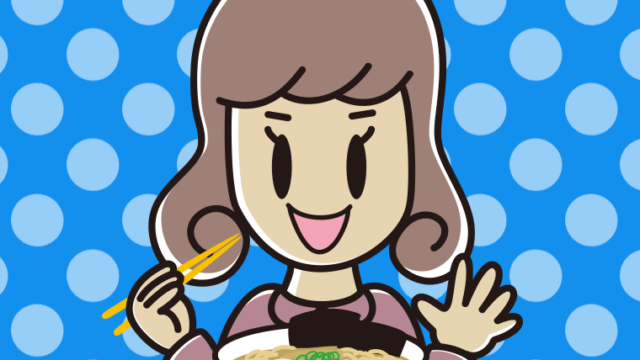 ラーメンを食べる女子大学生のイラスト【色、背景あり】PNG