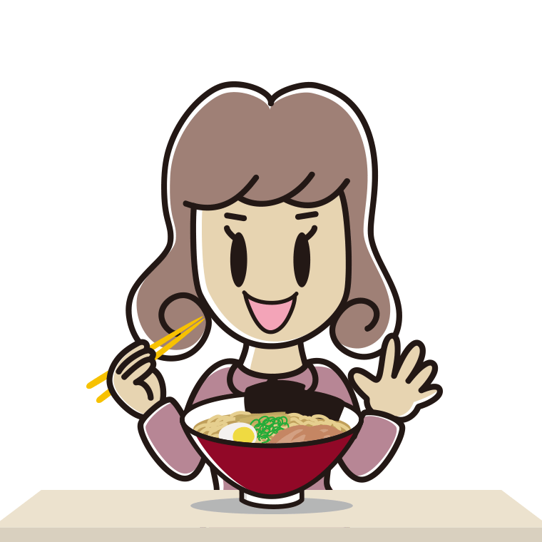 ラーメンを食べる女子大学生のイラスト【色あり、背景なし】透過PNG