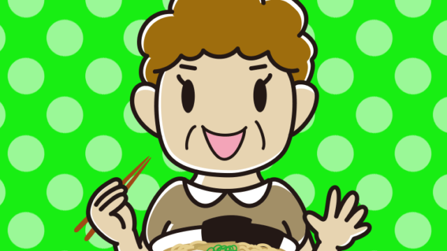 ラーメンを食べるおばさんのイラスト【色、背景あり】PNG