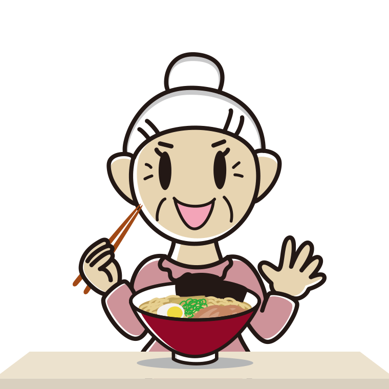 ラーメンを食べるおばあさんのイラスト【色あり、背景なし】透過PNG