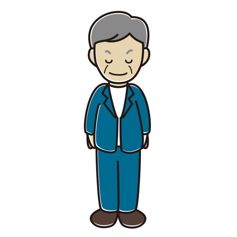 お辞儀する年配男性会社員（カジュアル）のイラスト【色あり、背景なし】透過PNG