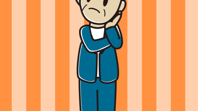 考える年配男性会社員（カジュアル）のイラスト【色、背景あり】PNG