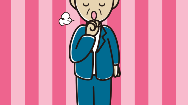 咳払いする年配男性会社員（カジュアル）のイラスト【色、背景あり】PNG