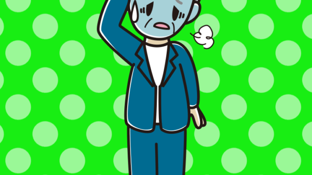 具合が悪い年配男性会社員（カジュアル）のイラスト【色、背景あり】PNG