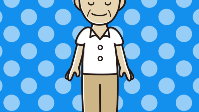 目を閉じる年配男性会社員（クールビズ）のイラスト【色、背景あり】PNG