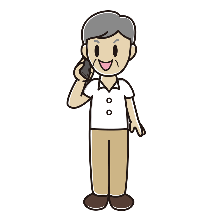 スマホで電話する年配男性会社員（クールビズ）のイラスト【色あり、背景なし】透過PNG