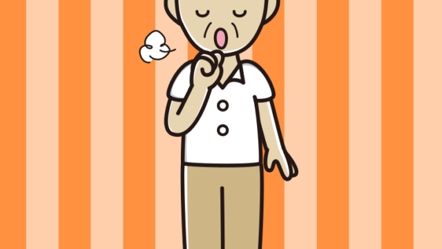 咳払いする年配男性会社員（クールビズ）のイラスト【色、背景あり】PNG