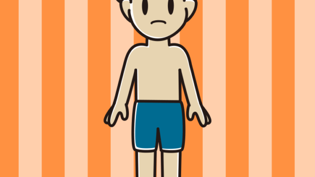 困る水着の男子大学生のイラスト【色、背景あり】PNG