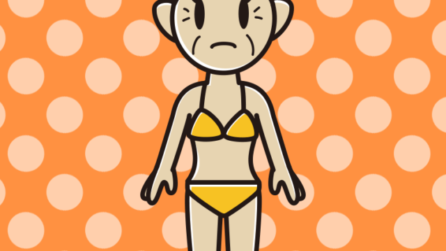 困る水着のおばあさんのイラスト【色、背景あり】PNG