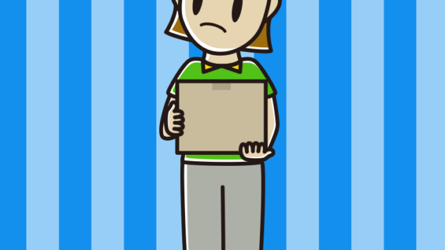 考える女性宅配便スタッフのイラスト【色、背景あり】PNG