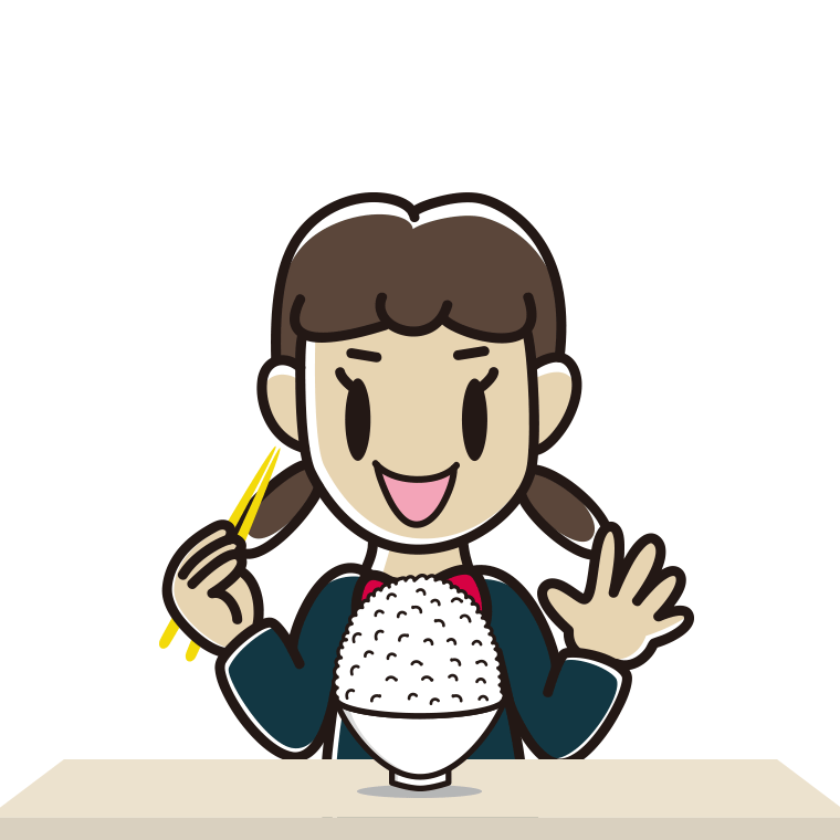 大盛ごはん（白米）を食べる女子中学生のイラスト【色あり、背景なし】透過PNG
