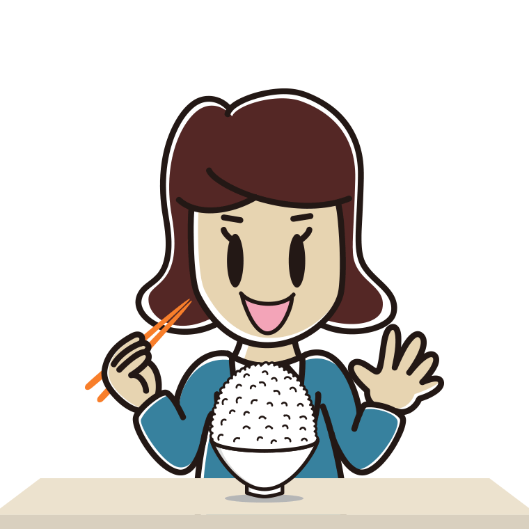 大盛ごはん（白米）を食べる女子高校生のイラスト【色あり、背景なし】透過PNG