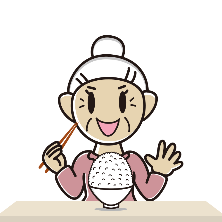 大盛ごはん（白米）を食べるおばあさんのイラスト【色あり、背景なし】透過PNG