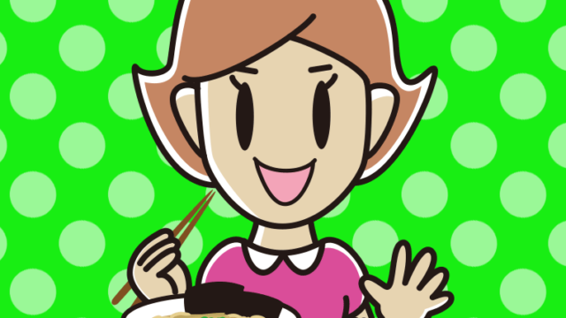 ラーメンライスを食べる女性のイラスト【色、背景あり】PNG