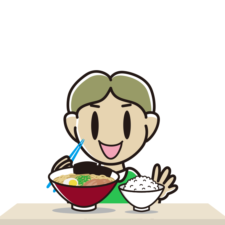 ラーメンライスを食べる小学生男子のイラスト【色あり、背景なし】透過PNG