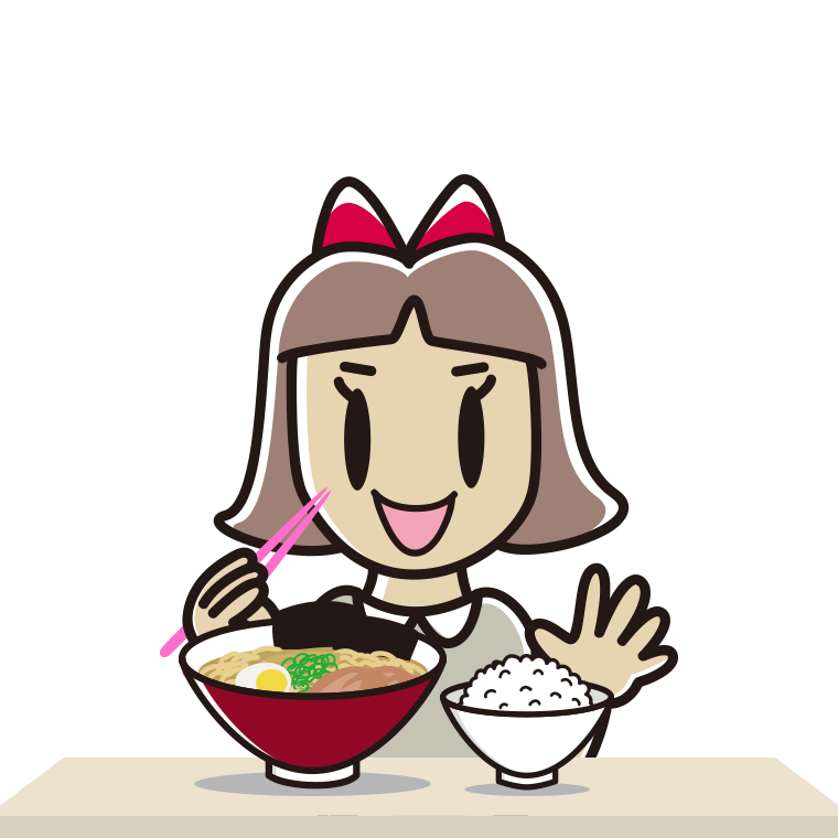 ラーメンライスを食べる小学生女子のイラスト【色あり、背景なし】透過PNG