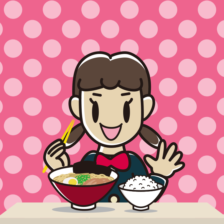 ラーメンライスを食べる女子中学生のイラスト【色、背景あり】PNG