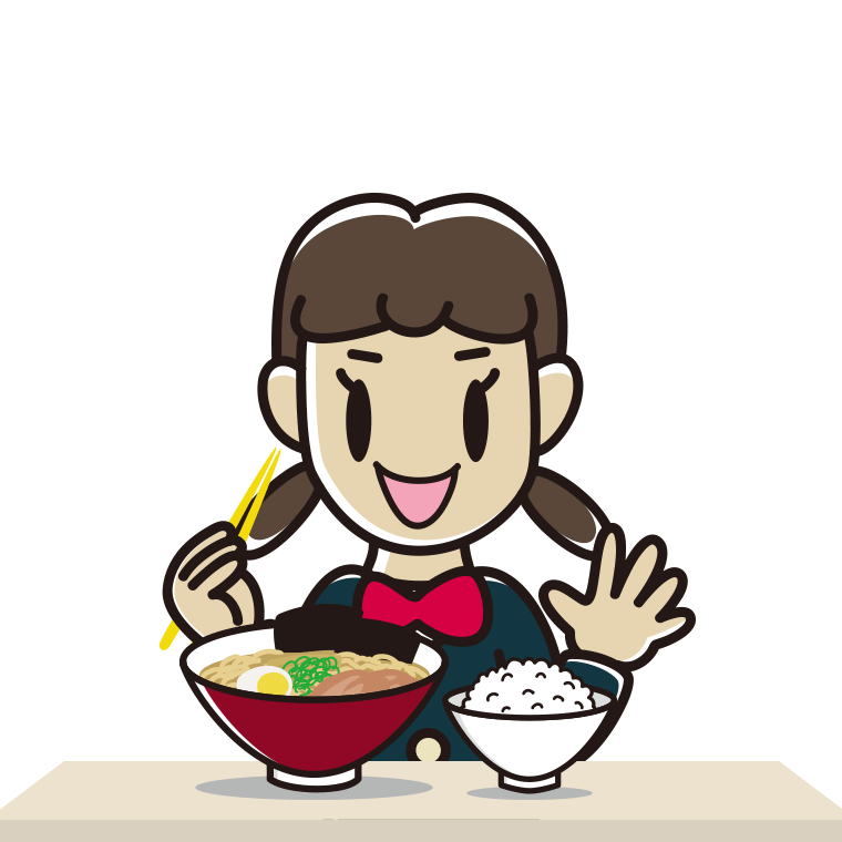ラーメンライスを食べる女子中学生のイラスト【色あり、背景なし】透過PNG