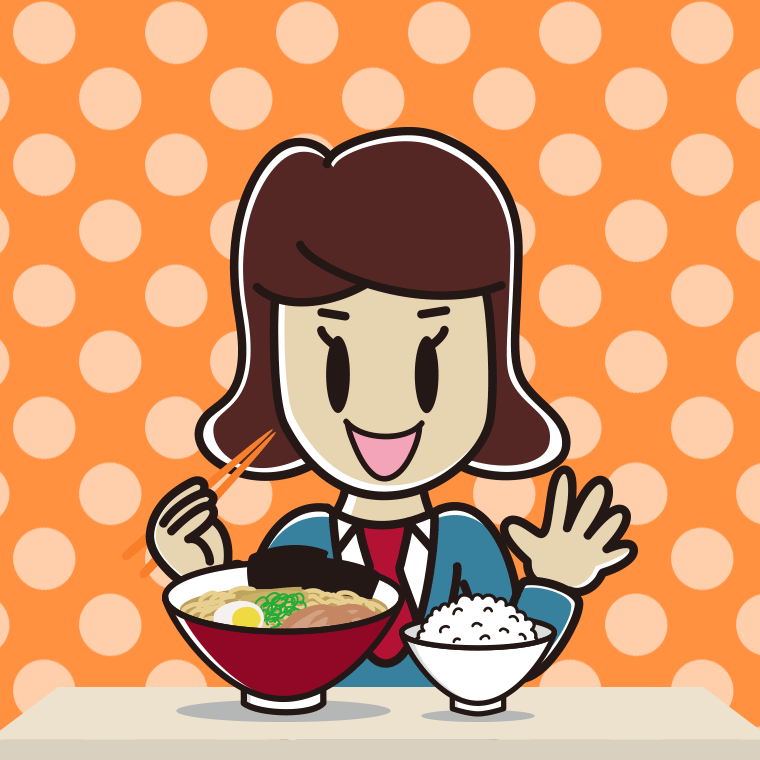 ラーメンライスを食べる女子高校生のイラスト【色、背景あり】PNG