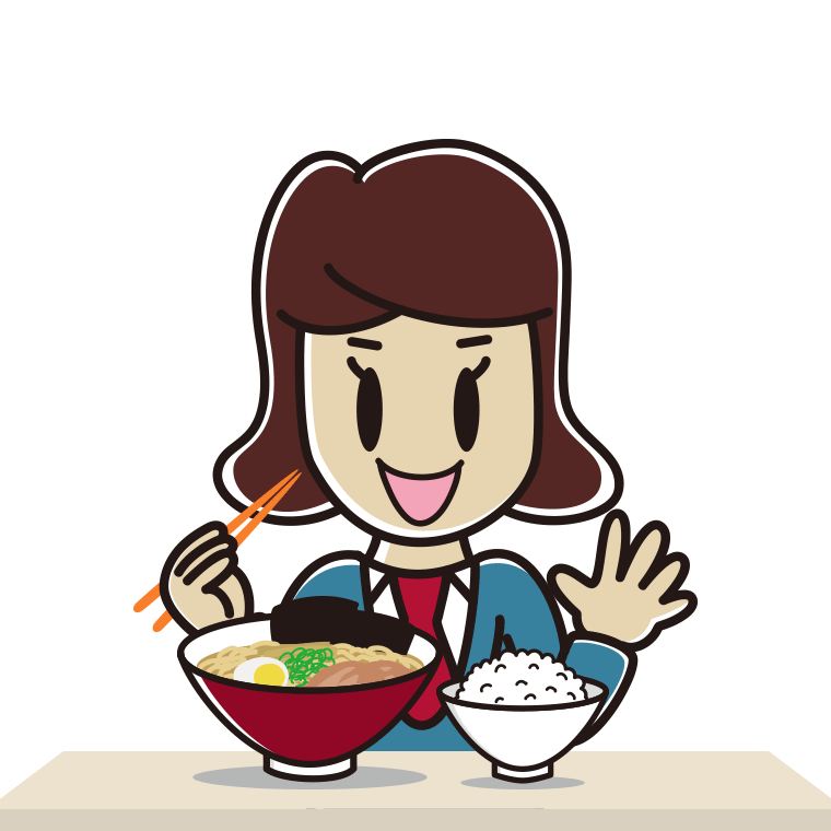 ラーメンライスを食べる女子高校生のイラスト【色あり、背景なし】透過PNG