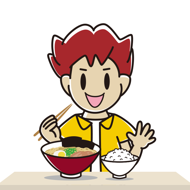 ラーメンライスを食べる男子大学生のイラスト【色あり、背景なし】透過PNG