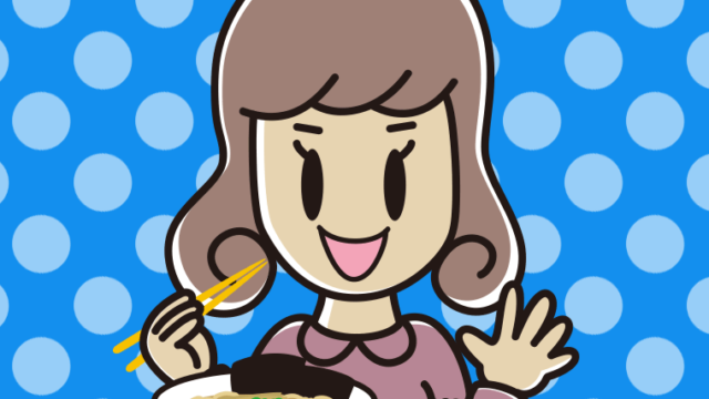 ラーメンライスを食べる女子大学生のイラスト【色、背景あり】PNG