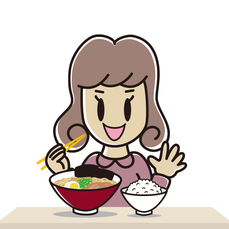 ラーメンライスを食べる女子大学生のイラスト【色あり、背景なし】透過PNG