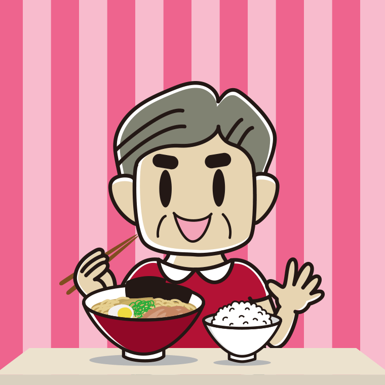 ラーメンライスを食べるおじさんのイラスト【色、背景あり】PNG