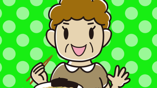 ラーメンライスを食べるおばさんのイラスト【色、背景あり】PNG