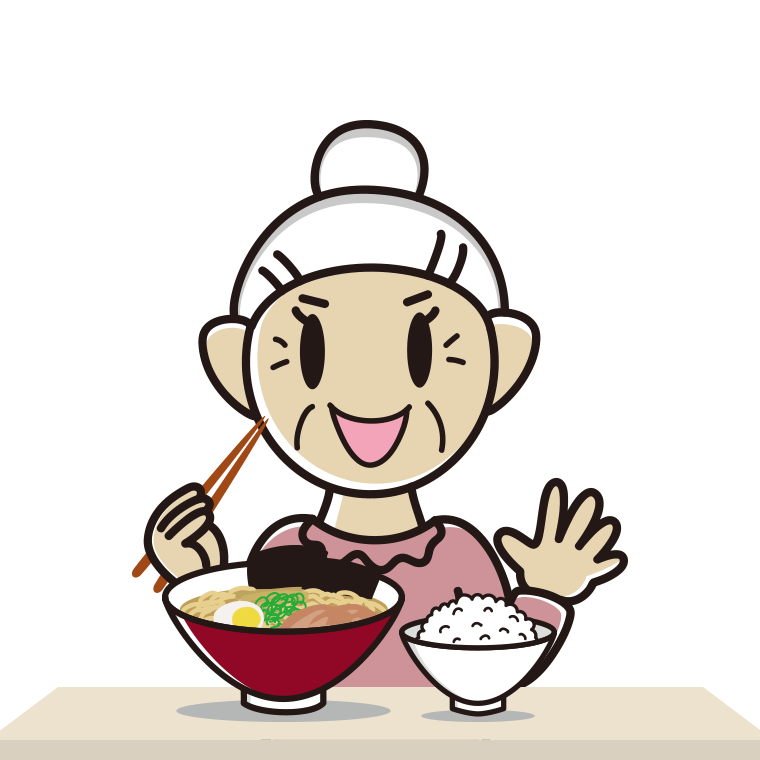 ラーメンライスを食べるおばあさんのイラスト【色あり、背景なし】透過PNG