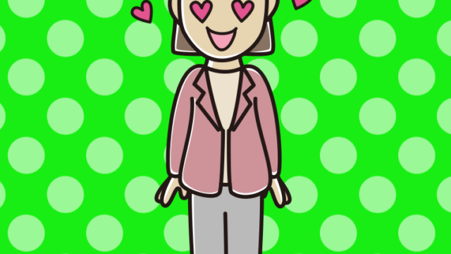 目がハートの女性会社員（カジュアル）のイラスト【色、背景あり】PNG