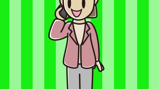 スマホで電話する女性会社員（カジュアル）のイラスト【色、背景あり】PNG