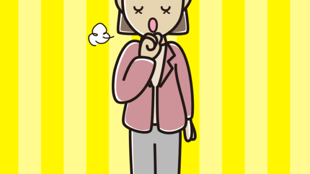 咳払いする女性会社員（カジュアル）のイラスト【色、背景あり】PNG