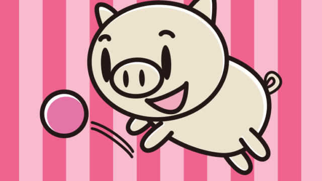 ボールを追うブタちゃんのイラスト【色、背景あり】PNG