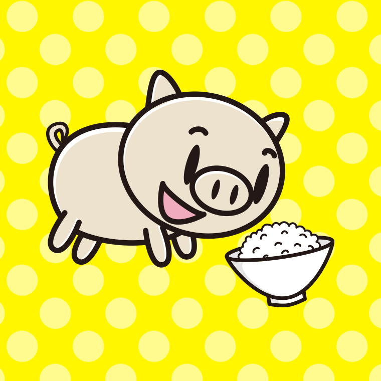ごはんを食べるブタちゃんのイラスト【色、背景あり】PNG