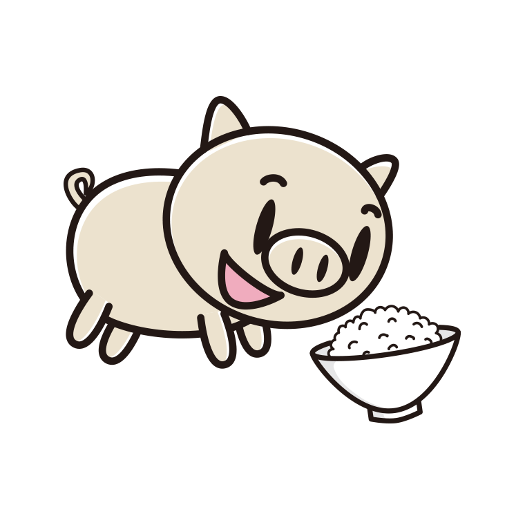 ごはんを食べるブタちゃんのイラスト【色あり、背景なし】透過PNG