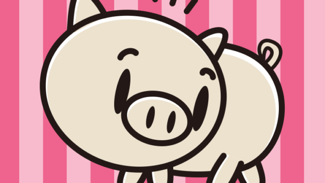 何かに気付くブタちゃんのイラスト【色、背景あり】PNG