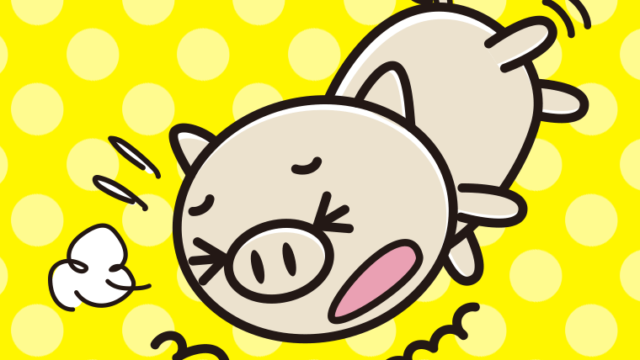 ズッコケるブタちゃんのイラスト【色、背景あり】PNG