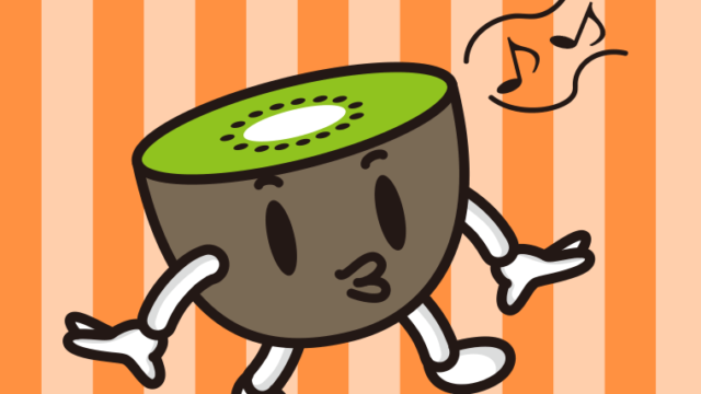 口笛を吹くキウイちゃんのイラスト【色、背景あり】PNG