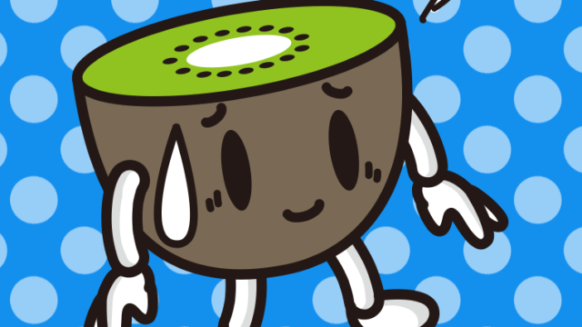 苦笑いするキウイちゃんのイラスト【色、背景あり】PNG
