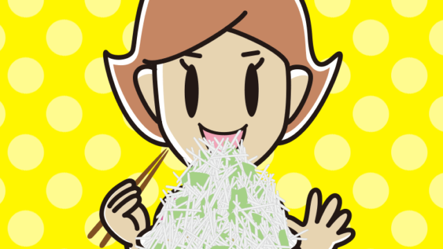 大盛（マシマシ）ラーメンを食べる女性のイラスト【色、背景あり】PNG