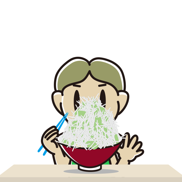 大盛（マシマシ）ラーメンを食べる小学生男子のイラスト【色あり、背景なし】透過PNG
